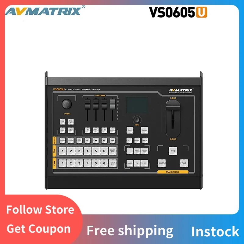 

Avmatrix VS0605U 6 CH Inputs Multi-Format Streaming Switcher With PiP&PoP mode, Audio Mixer Chroma/Luma Key, Record PGM