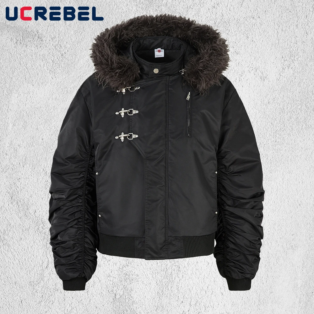 

Button Decoration Quilted Jacket Mens Removable Hat Winter Thick High Street Loose Pleated sleeves Padded Jacket Man