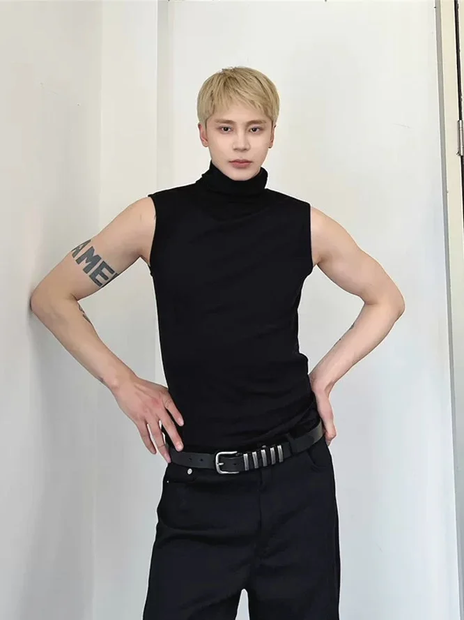 

American Sle High Collar Ice Silk Modal Slim Fit Svel T-irt Base Layer oulder Pad Vest for Men Summer Wear