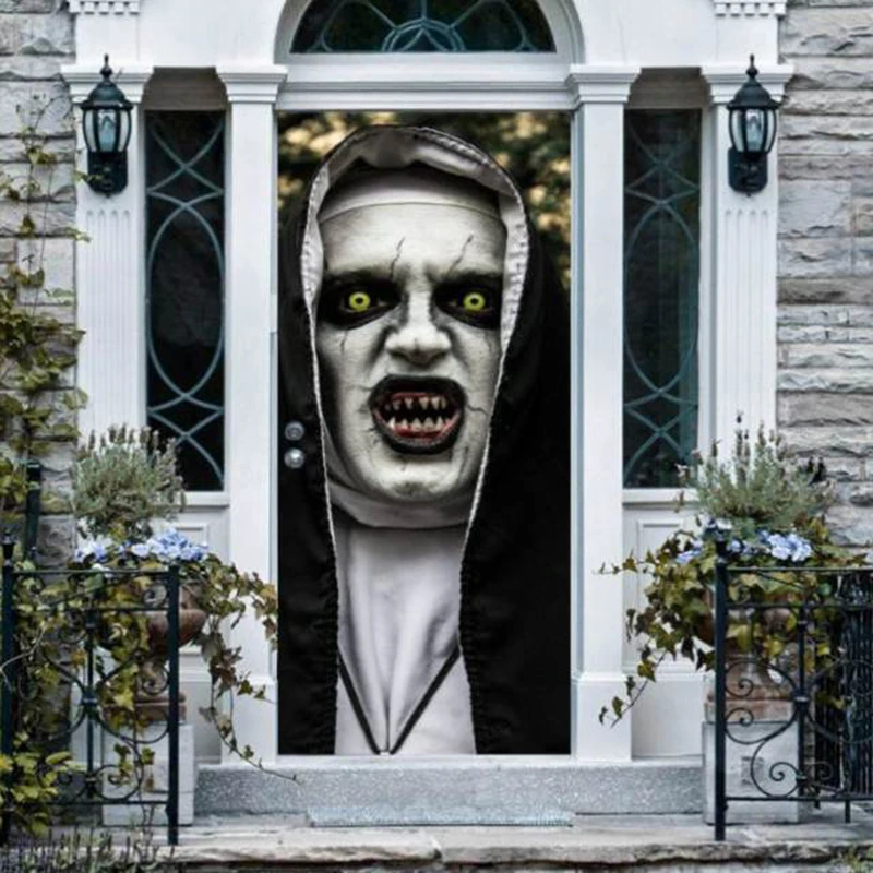 Creative Halloween Door Sticker Home Decor Creepy Nun Zombies 3D Vinyl Decal Modern Festival Door Wallpaper adesivo porta