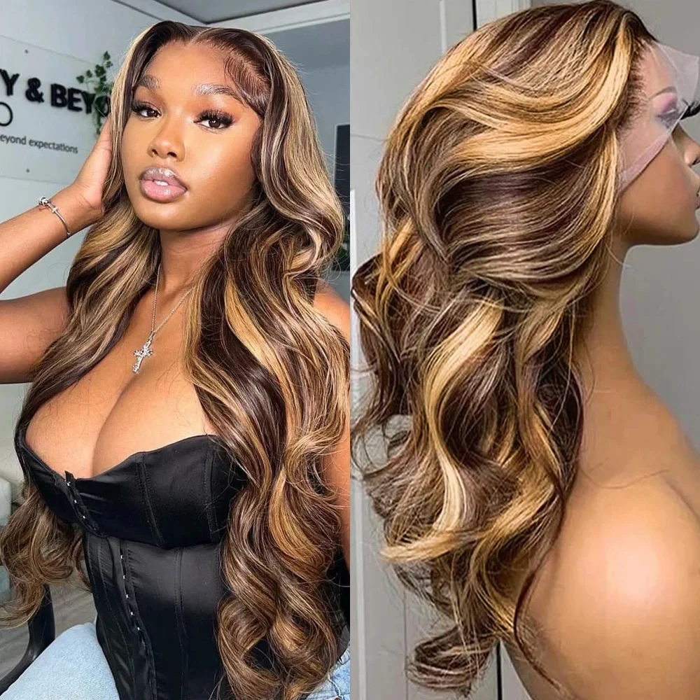 Highlight Wig Human Hair 13X4 Body Wave Ombre Colored Honey Blonde Lace Frontal Human Hair Wigs for Women Ombre Lace Front Wig