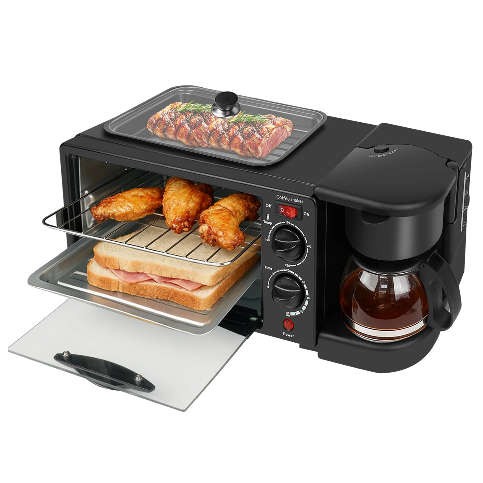 Máquina de desayuno multifuncional eléctrica 3 en 1 para el hogar, máquina para hacer sándwiches, cafetera multifunción, horno, sartén para freír pan y pizza
