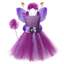 Girl Purple Butterfly Fairy Tutu Dress Sparkly Flower Princess Dresses with Wings Wand for Halloween Birthday Party Costume