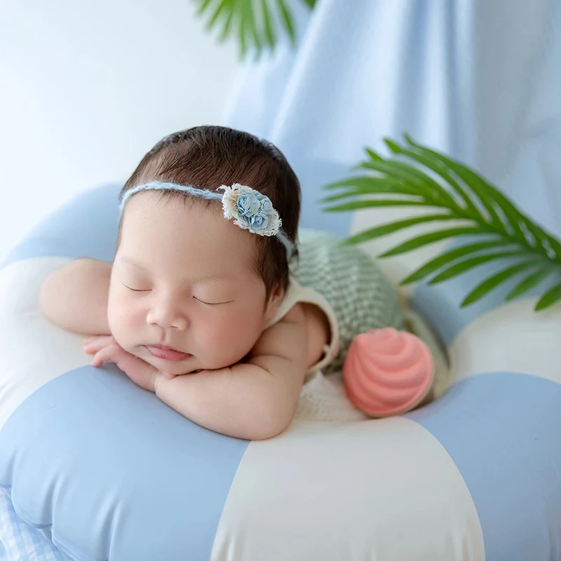 Summer Baby Photography Clothing Color Matching Swimming Ring Ice Cream Newborn Photo Props Baby Clothing + Hat Headscarf Set