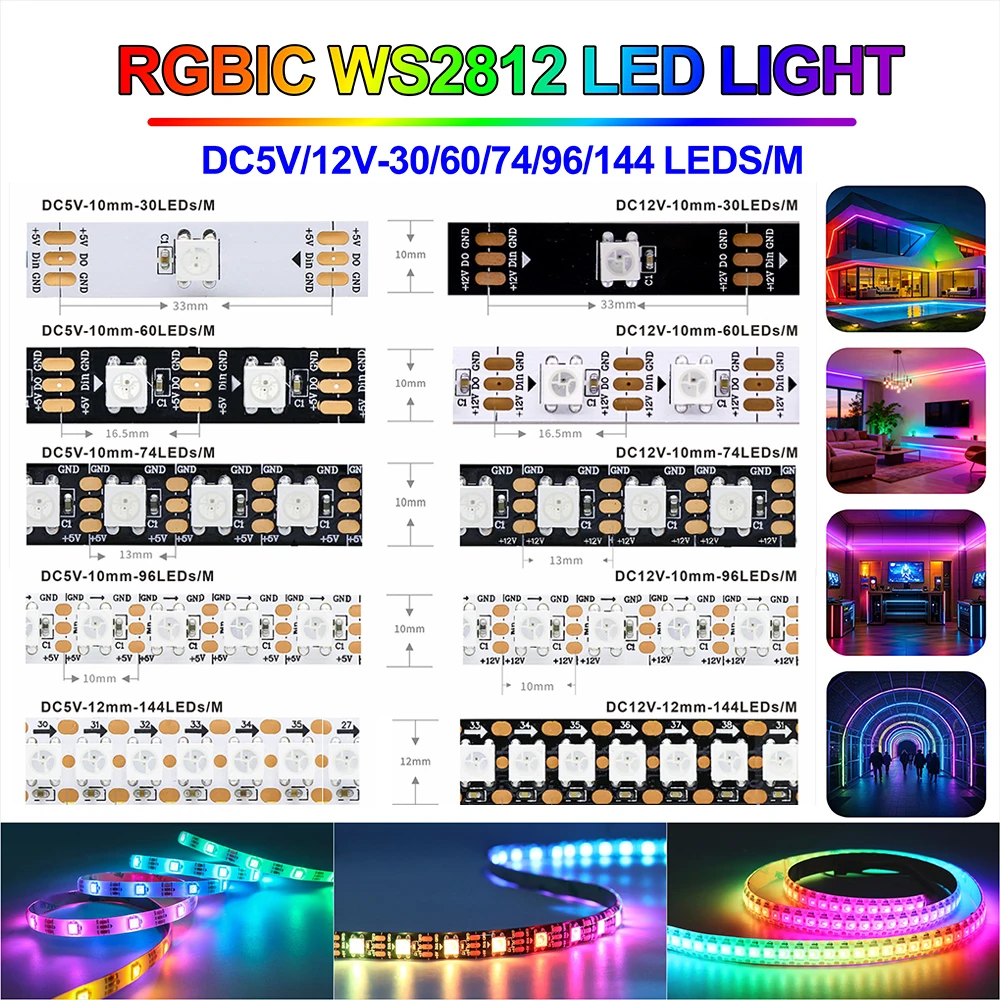 Lamp Waterproof Light Tape Chip LED 5M Digital 5050 RGB LED Strip Addressable DC 5V 3pin WS2812B IC 30 LEDs/M 60LEDs/M IP30 IP65