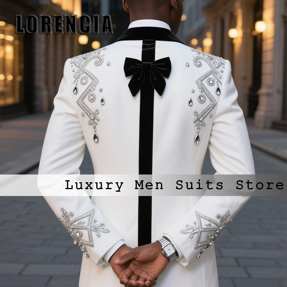 Elegant Jewelry Men Suits 2 Pieces Shawl Collar Tuxedos Wedding Party Outfit Customized Blazer Pants Crystal trajes para hombre