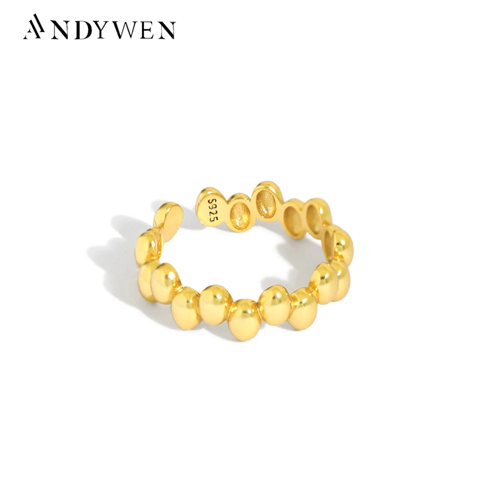 Andywen 925 Sterling Silver Gold Beads Rings Resizable Women Fashion Luxury Jewelry Adjustale Rings Women Circle Charm Jewels