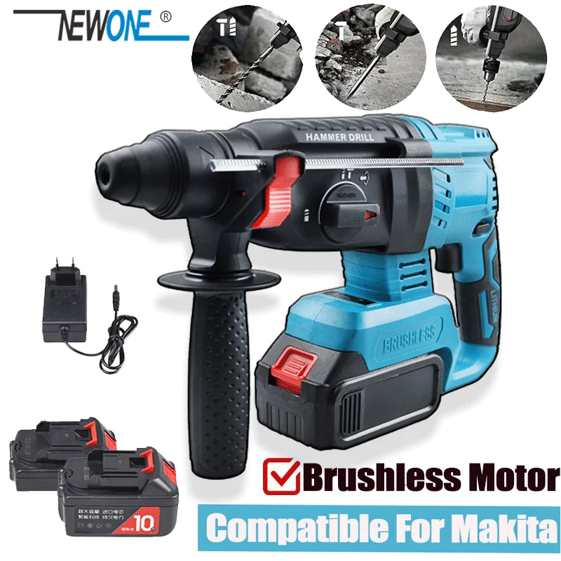 NEWONE Electric Impact Drill Rechargeable Rotary Hammer Brushless Cordless Hammer Electric Drill for 18V Makita Lithium Battery