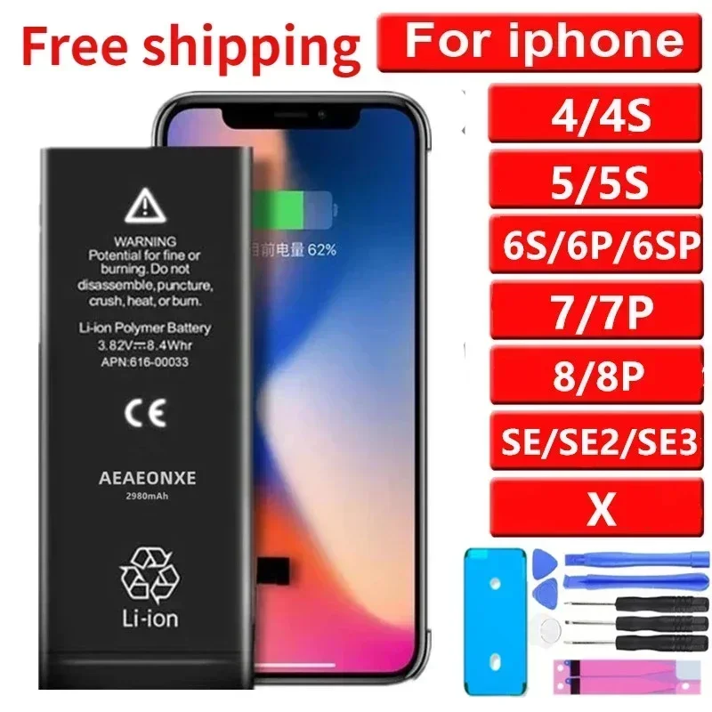 

100% Original Battery for IPhone 4 4S 5S SE 5 6 6S 7 8 Plus Phone Replacement Batteries FOR APPLE X SE