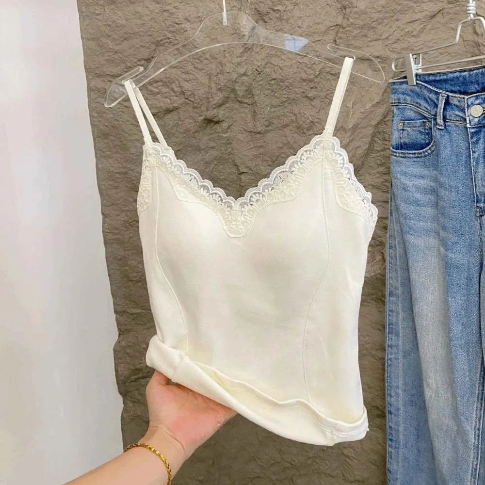 

Кружевной тонкий кружевной укороченный топ, нижняя рубашка, пикантный стиль для девочек, кружевная майка с подушечками, облегающий милый жилет для девочек, топ