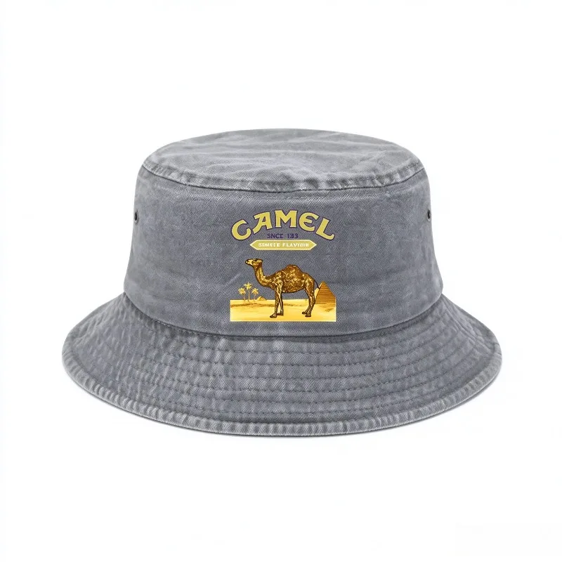 Unisex Washed Vintage Camel Print Bucket Hat Distressed Wide Brim UV Protection Outdoor Casual Fishing Sun Hat for Men Women