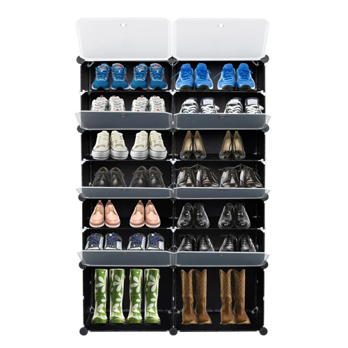 7-Tier Portable 28 Pair Shoe Rack Organizer 14 Grids Tower Shelf Storage Cabinet Stand Expandable for Heels, Slippers Black