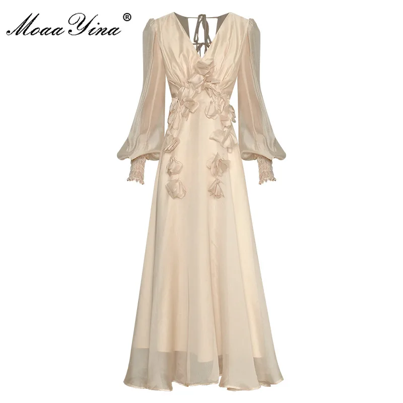 

MoaaYina Fashion Designer dress Spring Women's Dress V-Neck Lantern Long Sleeve Lace-up Sexy Backless Dresses
