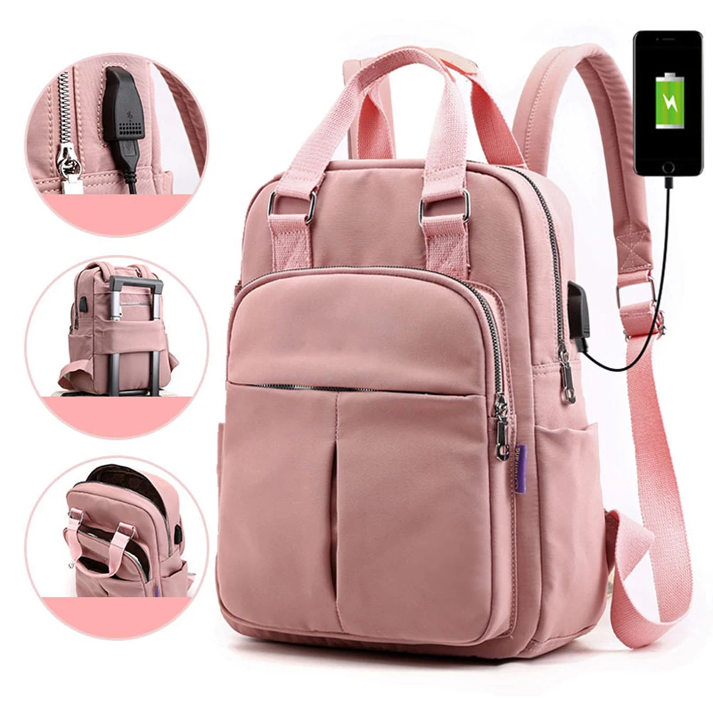 

Casual USB Charging Backpack Light Pink High Capacity Shoulder Bag for Men Women Laptop Backpack Travel Computer Bag