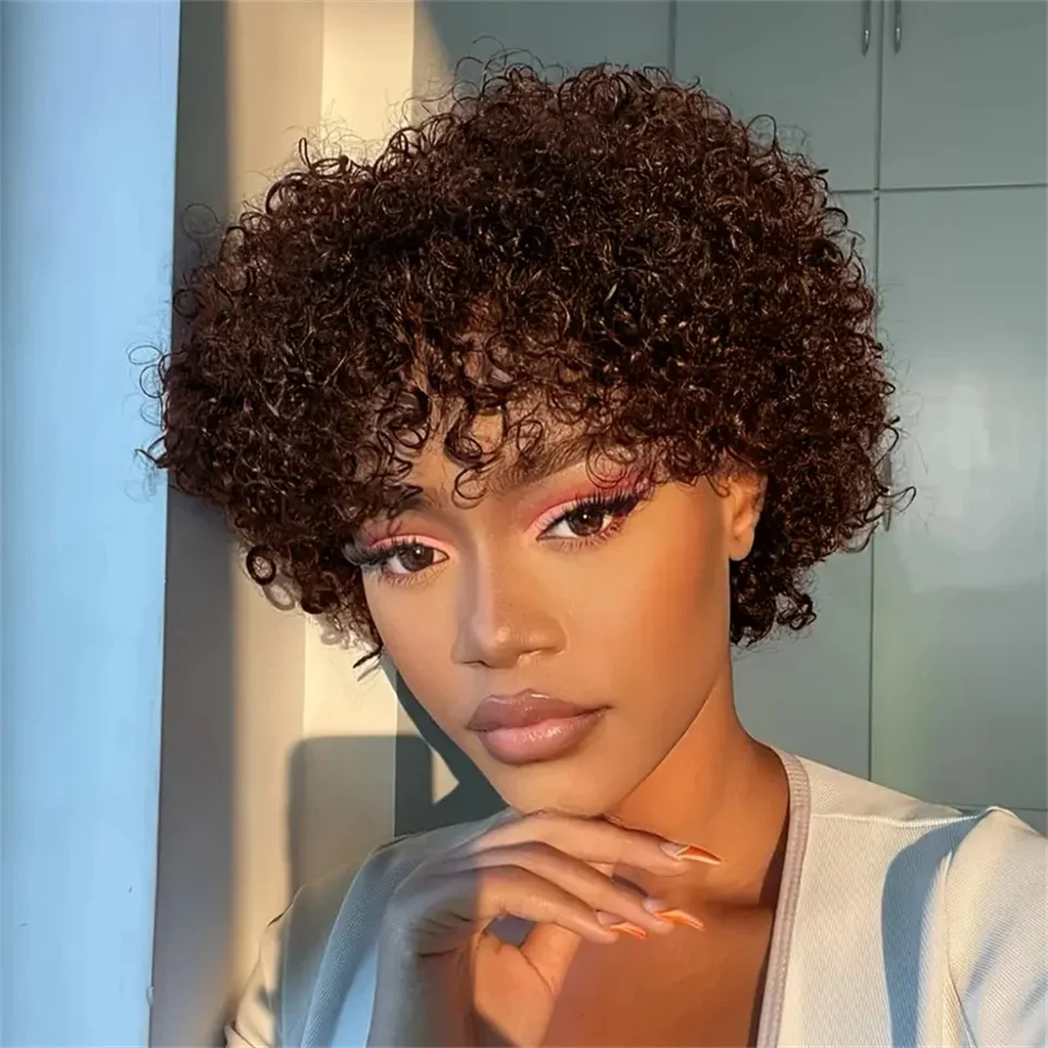 #4 Brown Water Wave Short Curly Bob Wig Afro Short Curly Human Hair Full Machine Made Wig Fluffy Afro Kinky Curly Wig Daily Use