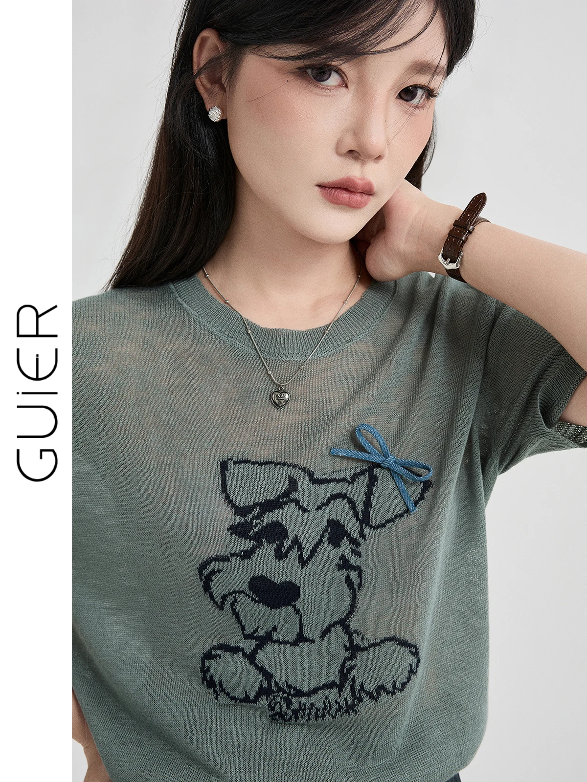 

Guier Summer 2026 Women's Loose Fit Knitted Top Embroidered Dog Design Versatile Style round Neck Short Sleeve Casual Wear
