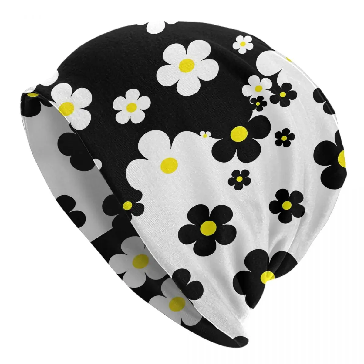 Small Flowers In Black White And Yellow Washed Thin Bonnet Outdoor Casual Beanies Protection Men Women Hats