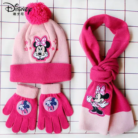 3pcs/set 4-8Years Children's Hat girls Princess Minnie Cartoon hats scarf gloves hat knitted sets girl cap