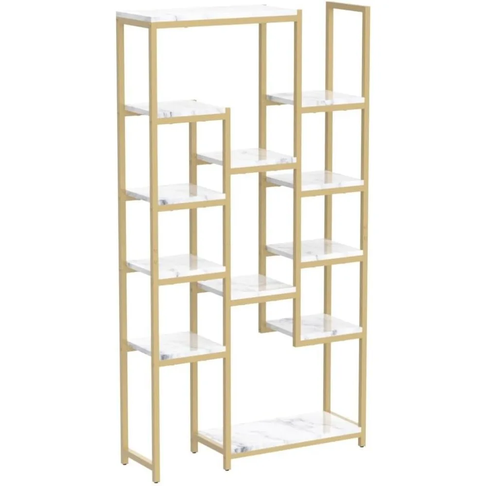 71” Tall Modern Free Standing Bookshelf With 12 Shelf Bookcase 6 Tier Gold Bookshelf Gold & Marble Book Living Room Furniture