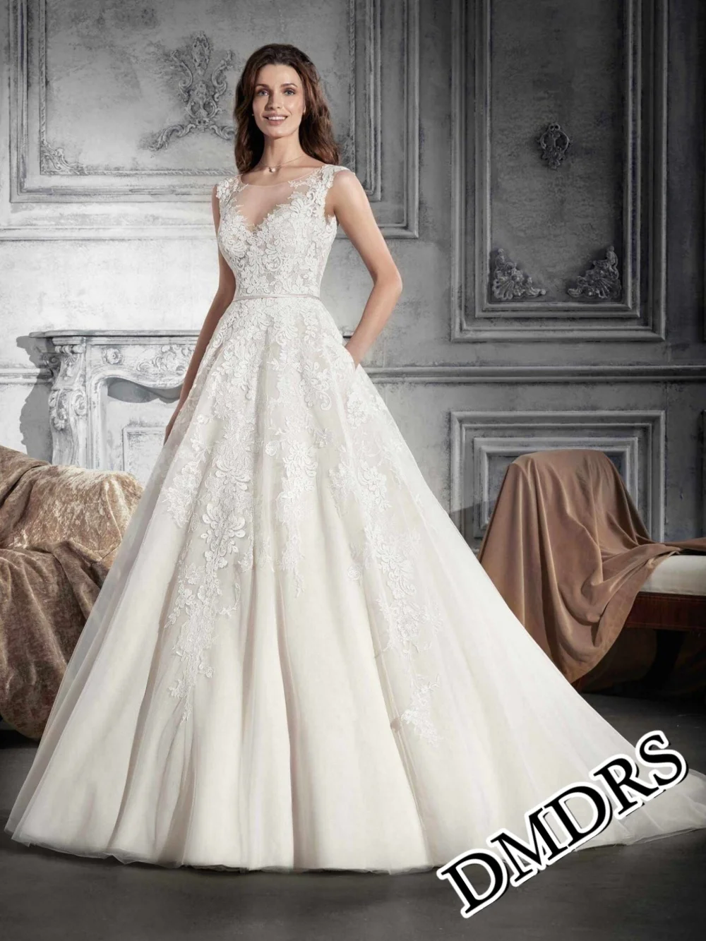 

DMDRS Charming V-Neck Wedding Dress Classic A-Line Bridal Gowns Formal Appliquéd Floor-Length Wedding Gowns Vestidos De NovNovia