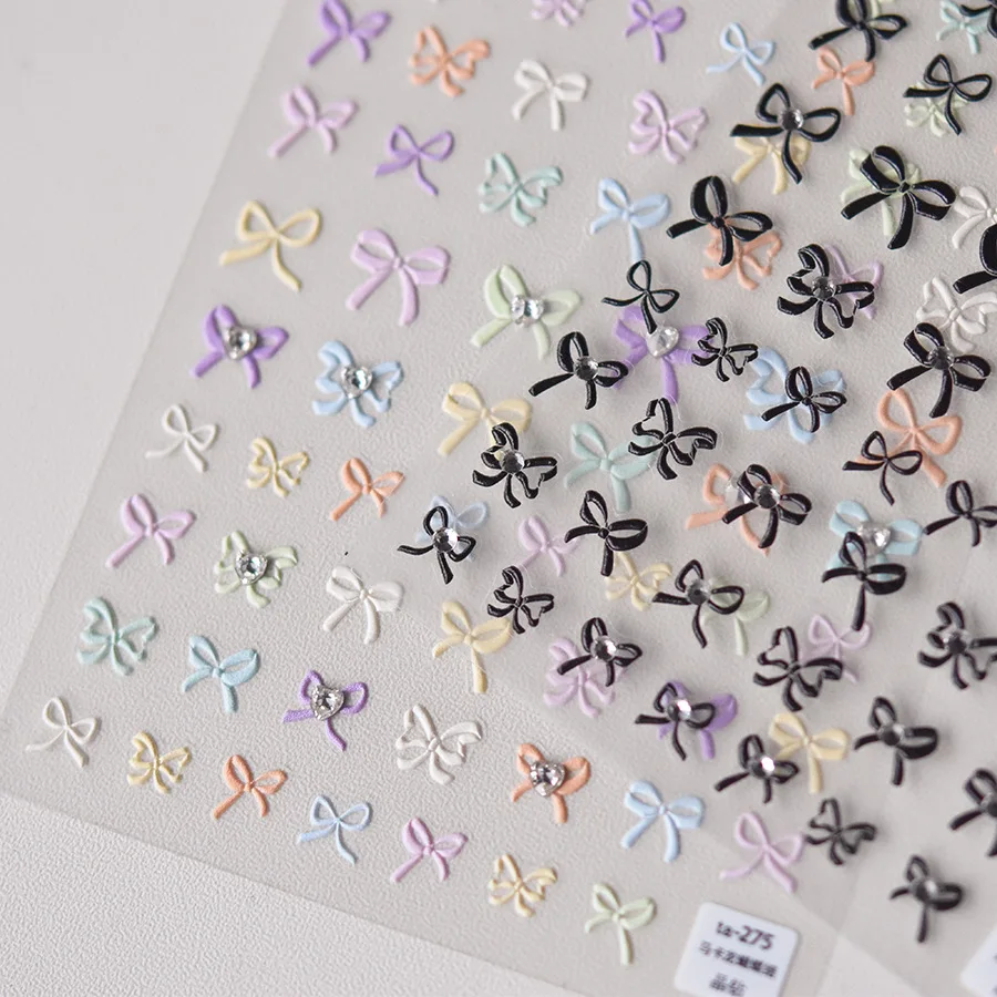 

5D Retro Colorful Flat Band Bow Tie Love Diamonds Pearl Adhesive Nail Art Stickers Decals Manicure Stamp Silver Bowknot Charms