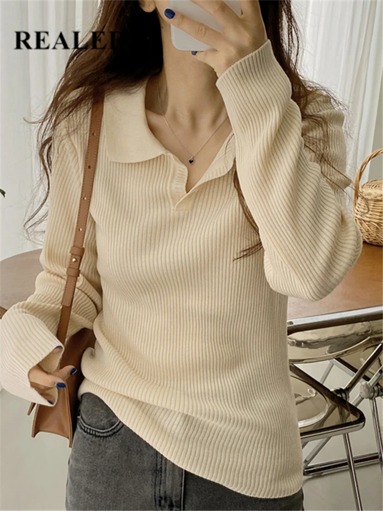 

REALEFT Autumn Winter Women's Polo Sweater 2023 New Knitwear Casual Solid Long Sleeve Sweaters Ladies Knitted Pullover Female