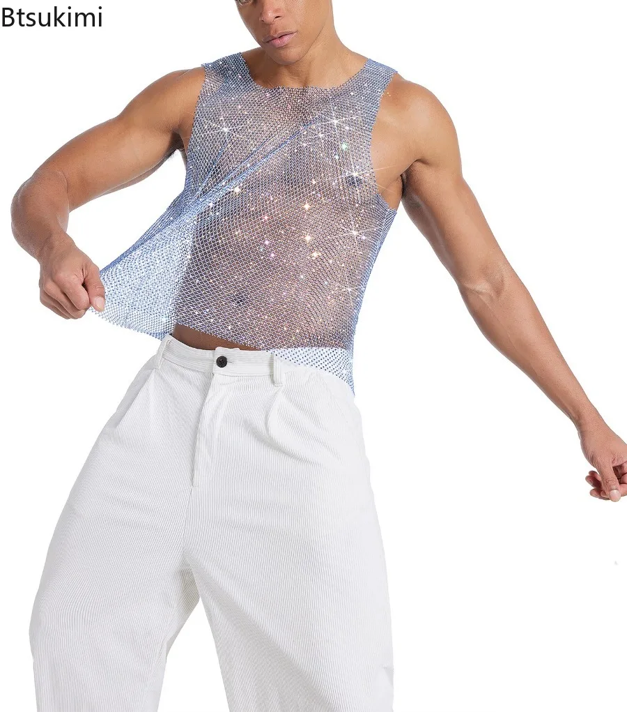 New Men's See Through Mesh Vests Hollow Out Knitted Crystal Tank Tops Elastic Slim Fit Tees Mens Summer Nightclub Stage T-shirt