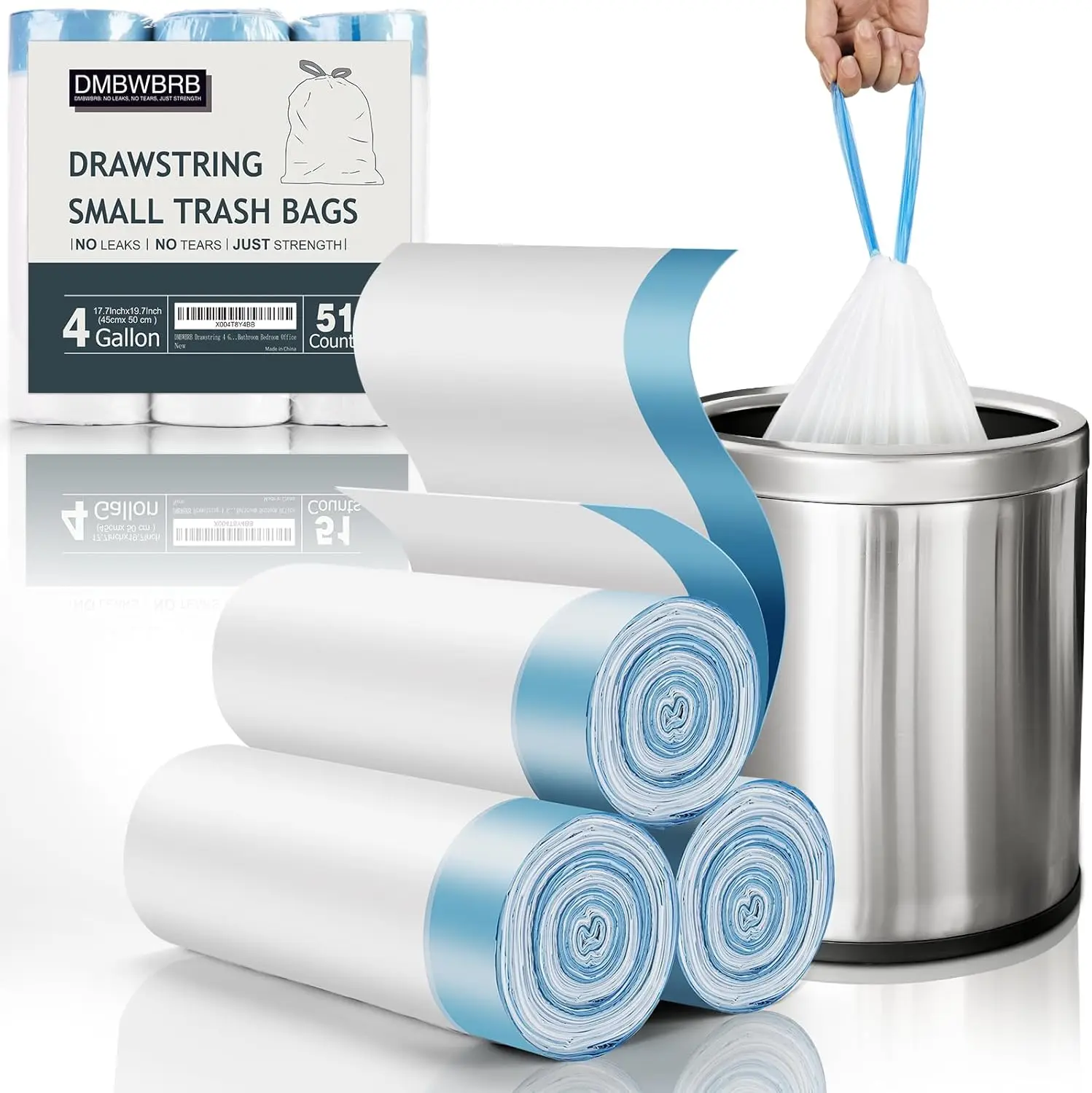 

4 Gallon Drawstring Trash Bags, 51 Counts, Tear-Free & Leakproof for Bathroom Office Bedroom