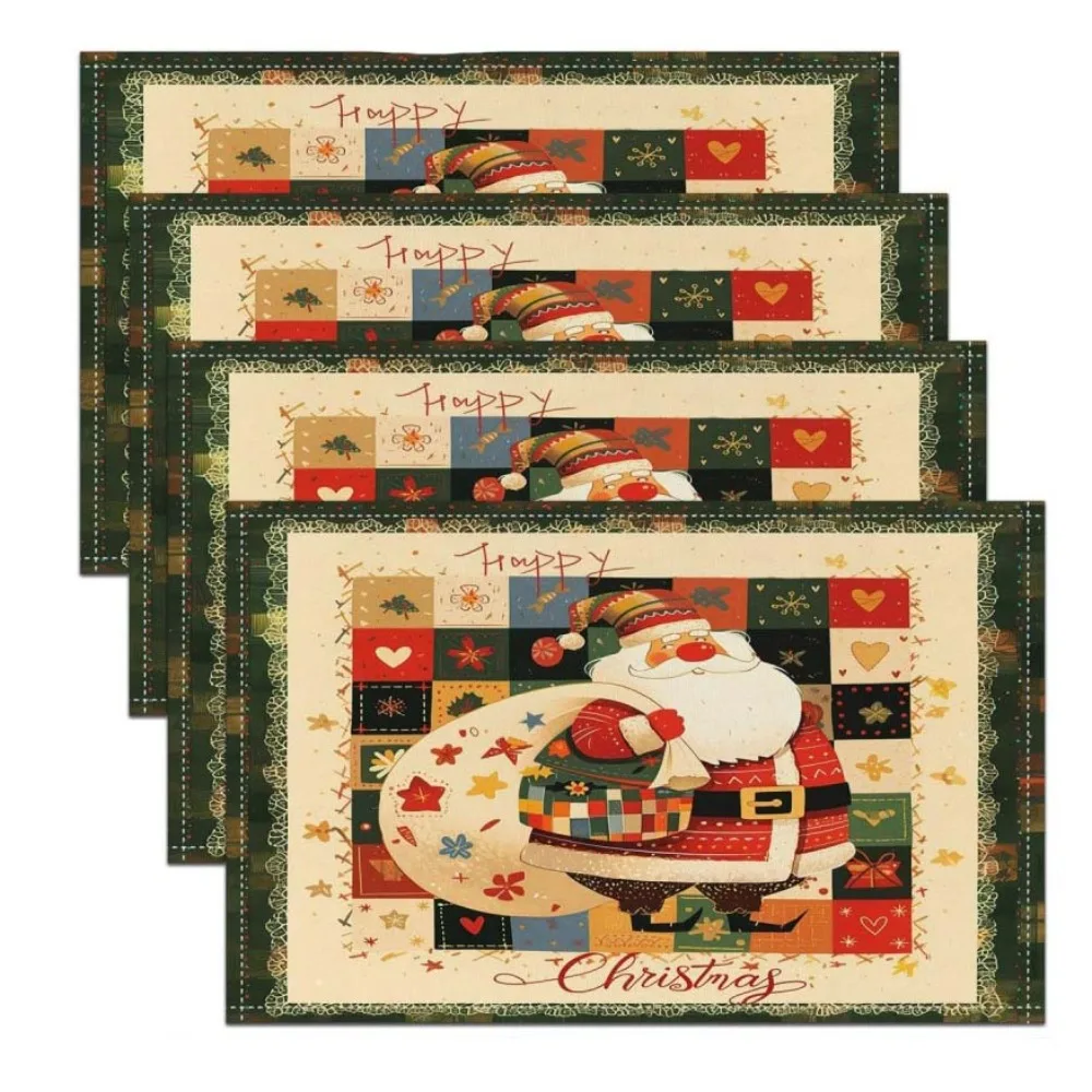 

4pcs Dining Decoration Linen Christmas Placemat Rectangular Heat Resistant Table Mat Non Slip Tableware Pad Festival