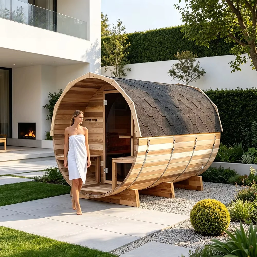 Smart Controlled Spa Pod Custom Luxury Single Piece Red Cedar Outdoor Barrel Sauna with Fiberglass Tile Roof for European Garden