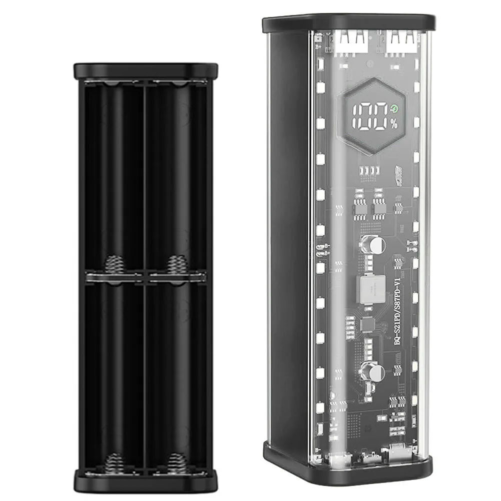22.5W Power Bank Case For 8x 21700 Flat Batteries With PD 20W Fast Charge Dual Output Transparent DIY Shell Black
