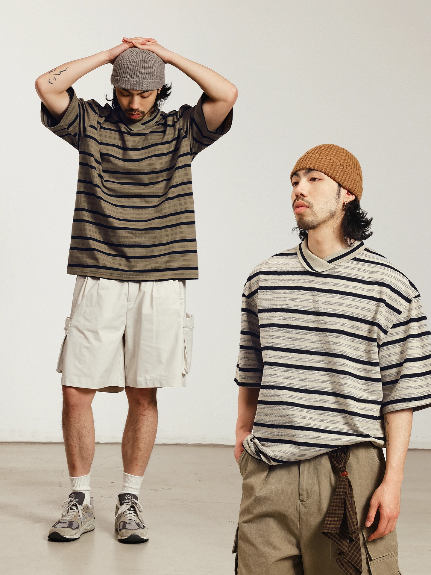 

NOEARS Retro Japanese Style Knitted Short Sleeve Striped Collar T-Shirt Shoulder Drop Loose Fit High Street Trend Pullover Top