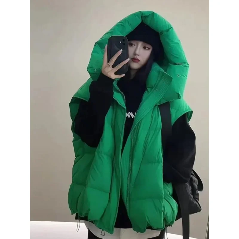 Chubby Girl Plus size 50.00kg Green Hood Vest down Jacket Cotton-padded Clothes Women Loose Idle Sle Waistcoat Thickened O...