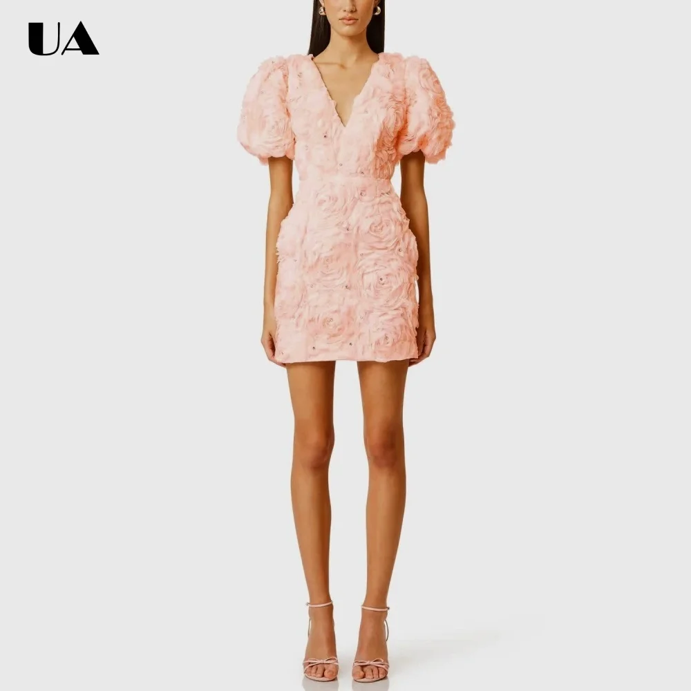 Summer New V-neck Mini Prom Dress, Trendy Puff Sleeve Short Dresses for Women, Fashionable 3D Flower Cocktail Party Dress