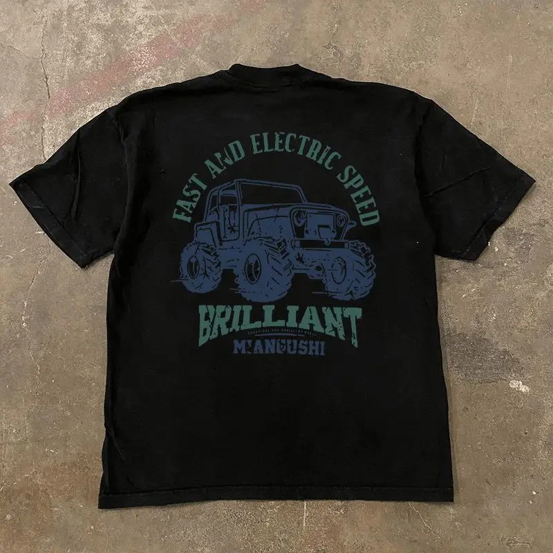 تي شيرت American High Street Retro كبير مطبوع عليه سيارة فضفاض ومريح من القطن الخالص بأكمام قصيرة لكل من الرجال والنساء