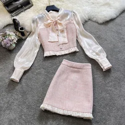 High Quality Fall Winter Elegant Fashion Small Fragrance 2 Piece Set Women Shirt Tops + Skirt Suits Korean Sweet Two Peice Sets