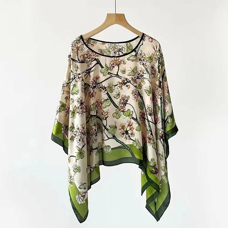 2024 Shawls Summer Beach Sexy Women Poncho Fashion Floral Print Silk Smock Bikini Cover Up Loose Blouse Sunscreen Comfortable