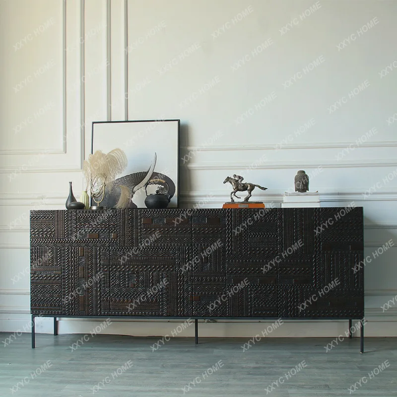 Furniture Sideboard Cabinet Indonesia Carved Solid Wood Teak TV Cabinet Light Luxury Entrance Cabinet