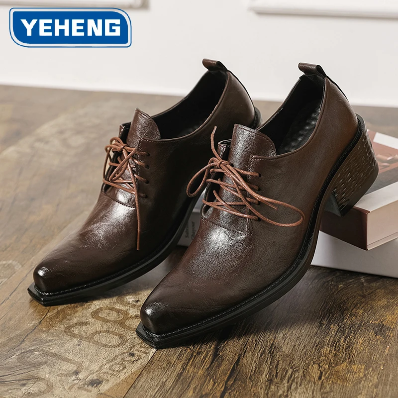 

Vintage High Heel Leather Shoes Men British Style Square Toe Dress Shoes Chunky Platform Oxfords Punk Block Heel Casual Loafers