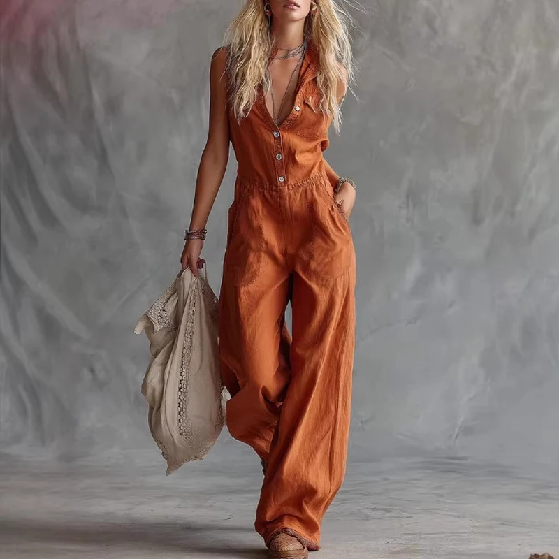 

Elegant Lady Sleeveless Loose Hollow Commute Playsuits Casual V-neck Pure Halter Jumpsuits Summer New High Waist Wide Leg Romper