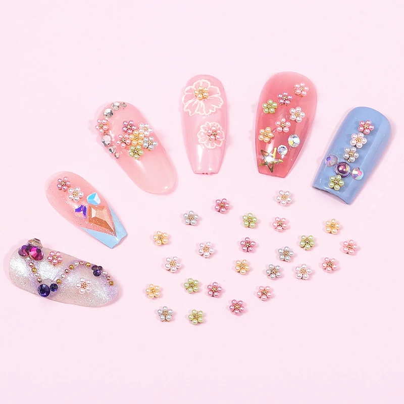 Decoración de manicura 3D con flores y perlas para mujer y niña adolescente, Mini cuentas de uñas chapadas en oro, dijes de joyería, 10 piezas por