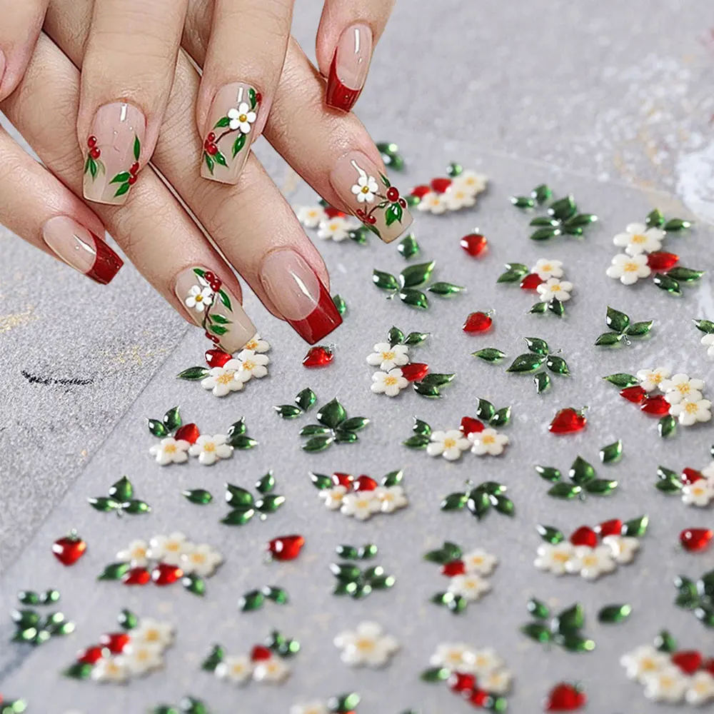 5D in rilievo gelatina foglia verde adesivi per unghie carino rosso fragola decalcomanie per unghie autoadesiva primavera estate verde floreale per unghie supplie