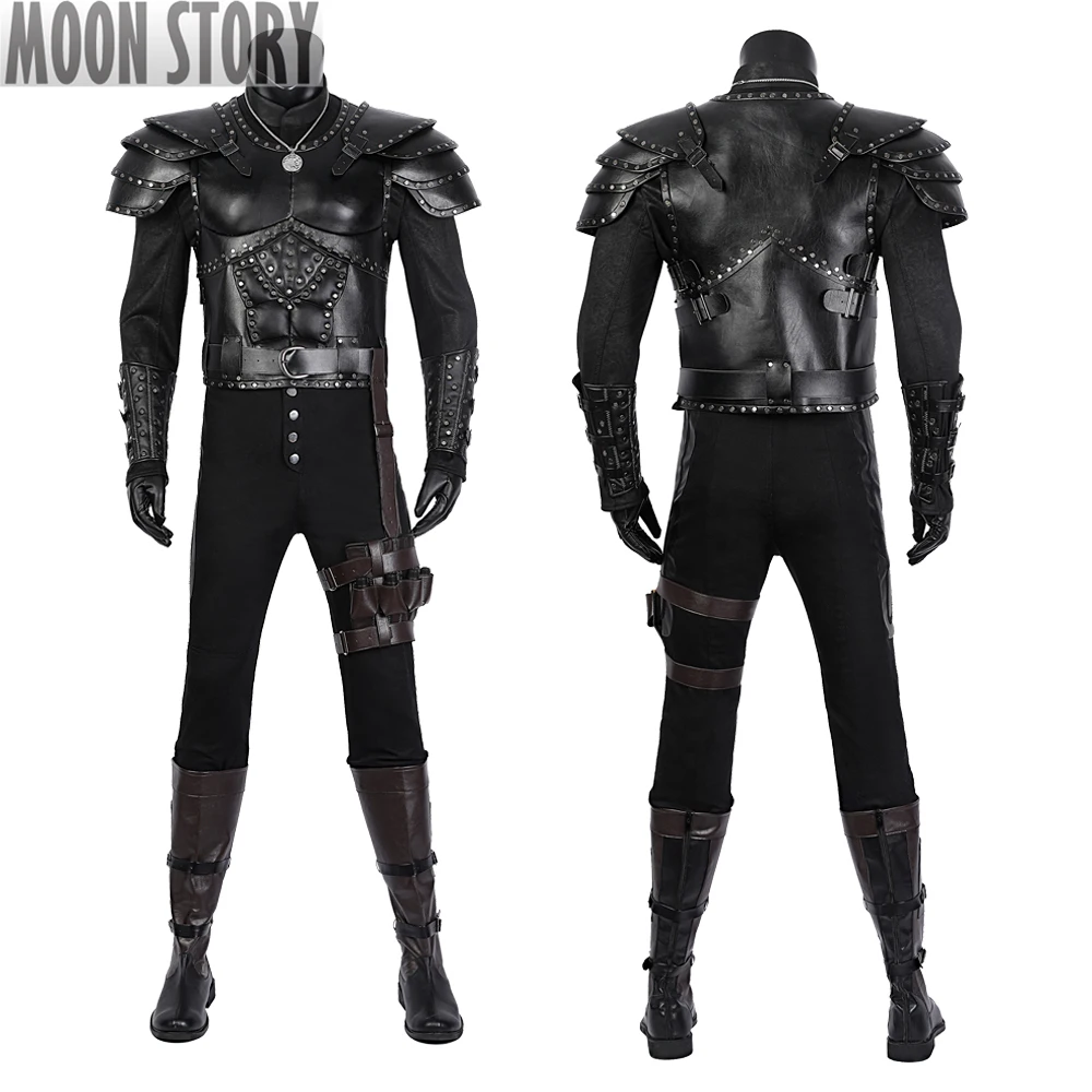 Witcher 2 Superheld Geralt Cosplay Kostuum Volwassen Mannen Battle Pak Zwart Lederen Halloween Uniform Tovenaar Pantser Volledige Set