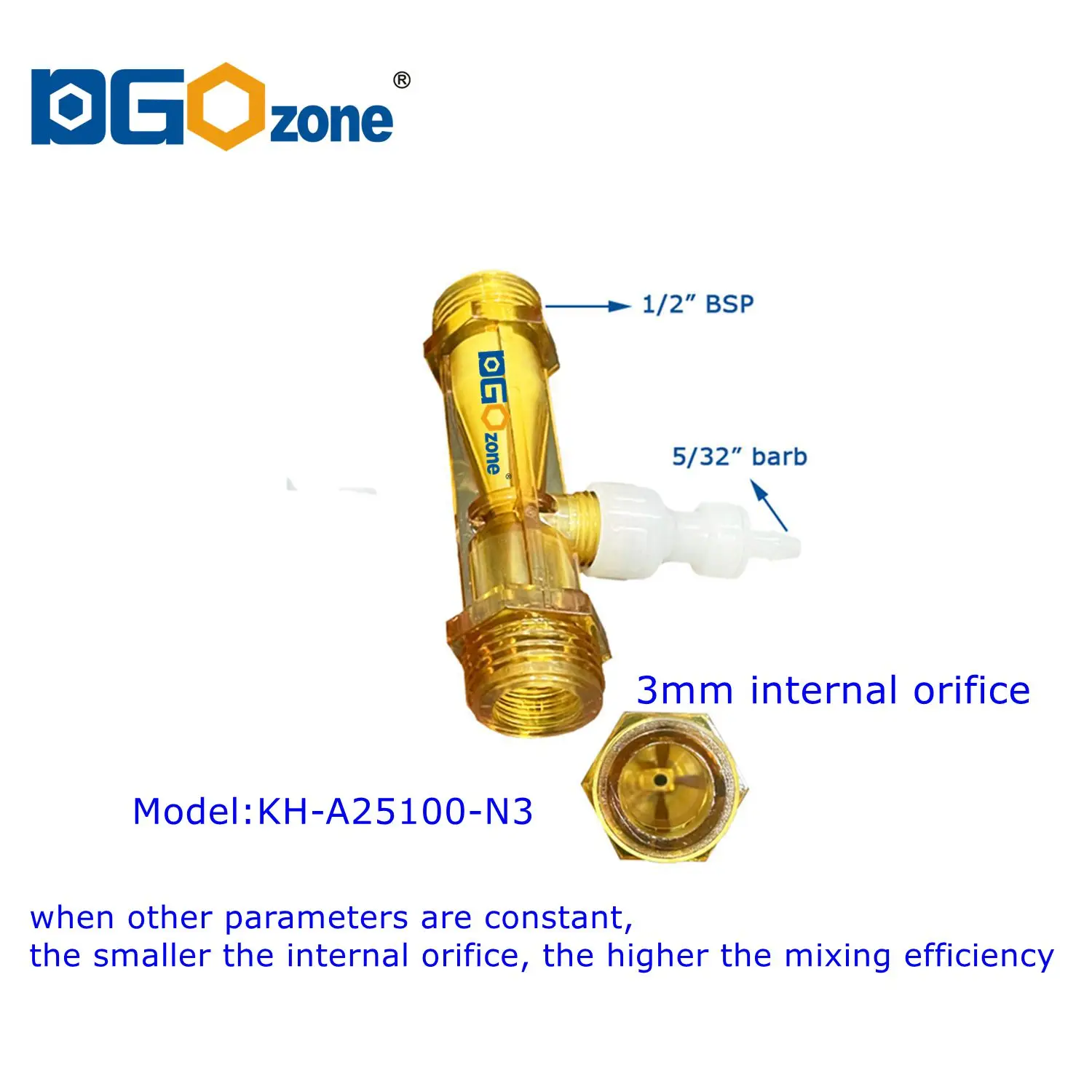 Injektor Venturi 1/2 inci dengan katup Orifice 1mm/2mm/3mm bahan PVDF Pencampur Gas Cair untuk Spa Taman Irigasi KH-A25100-N