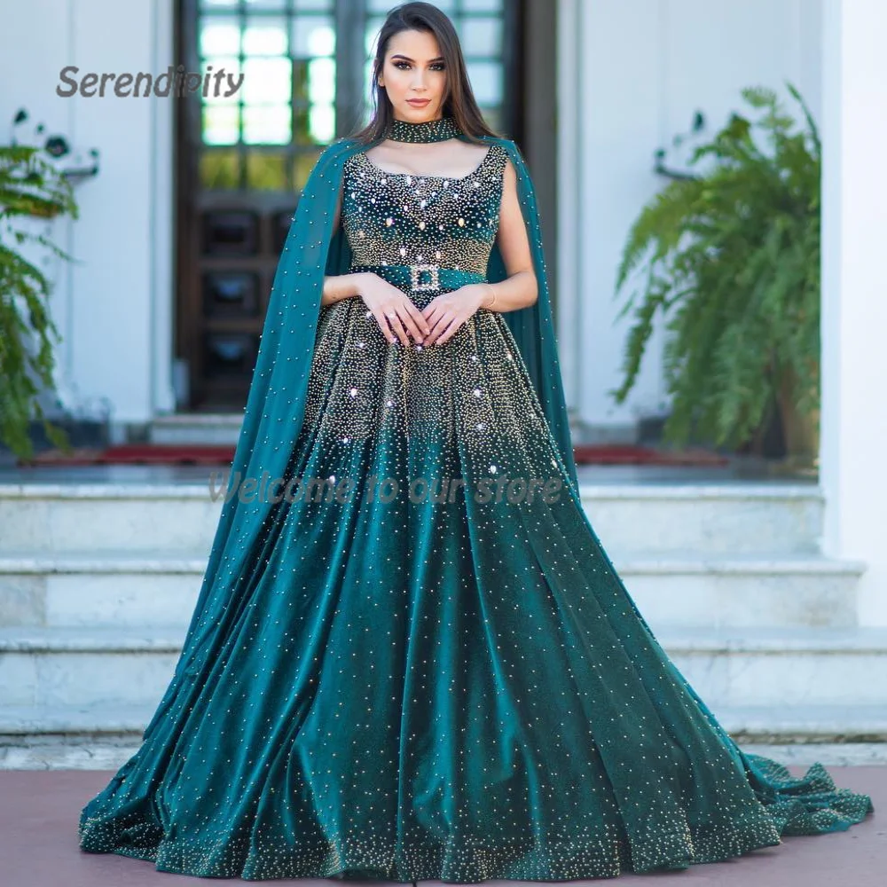 Serendipity Evening Dress A-Line فساتين سهرة Luxury Pearls Belt Square Collar Green Cocktail Prom Gown For Sexy Women 2024