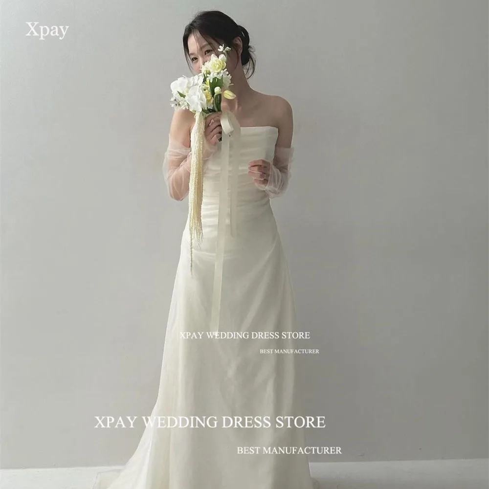 

XPAY Princess Strapless Korea Mermaid Wedding Dresses Photos Shoot Illusion Long Sleeve Bridal Gown Floor Custom Bride Dress