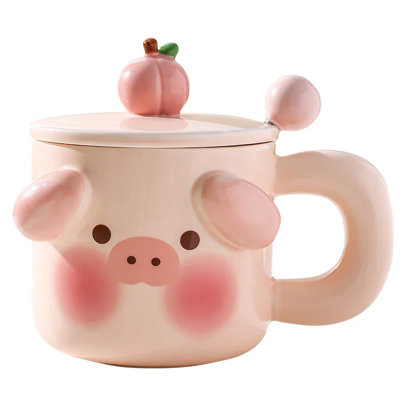450ml Cartoon Pig Mug Coffee Cup Set with Spoon Ceramic Gift Home Mugs 3D Water Cups Lovers Milk Large Capacity Breakfast Mug