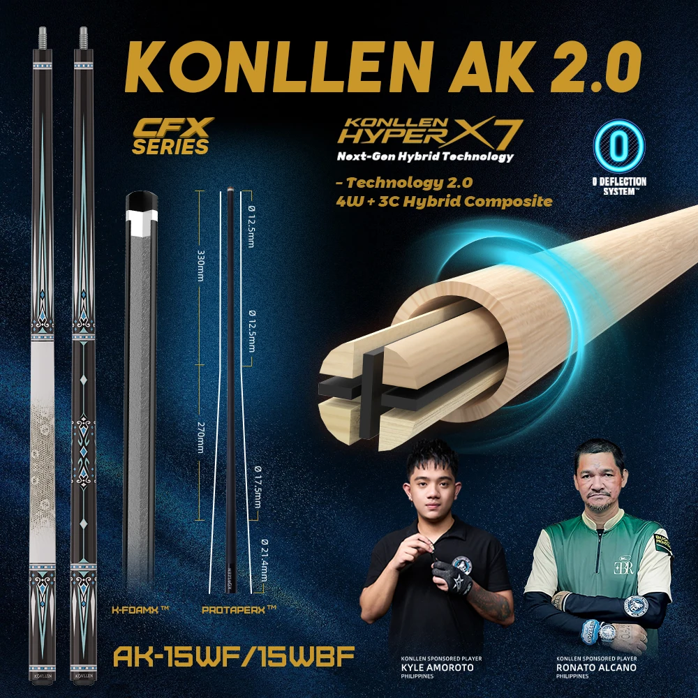 

KONLLEN Carbon Fiber Pool Cue Stick AK-15 12.5mm Tip low deflection Billiard cue Professional Pro Taper Leather Grip Billar Kit