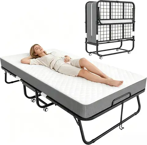 Folding Bed with 5 Inch Mattress, 75” x 31” Portable Rollaway Bed with Memory Mattress, Foldable Bed with Metal, Customized