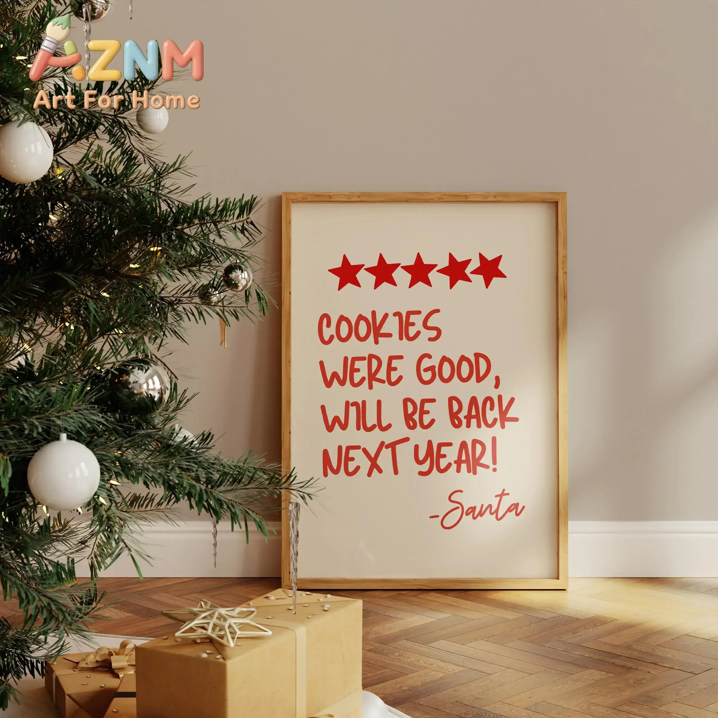 AZNM Funny Santa Cookies Were Good Canvas Print Unframed Red Star Christmas Quote Poster Cute Kid Friendly Holiday Kitchen Wall